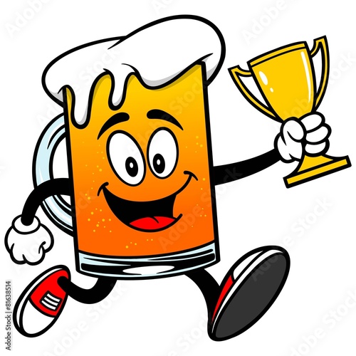 Beer Mascot Running with Trophy