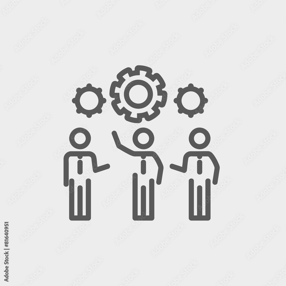 Businessmen holding a gear of machine thin line icon Businessmen holding a gear of machine thin line icon