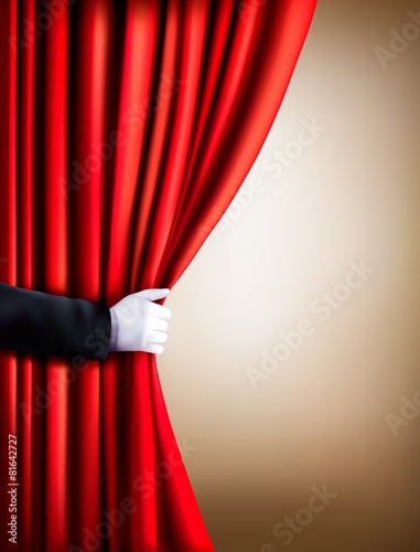 Hand in a white glove pulling curtain away. Theater. Vector.