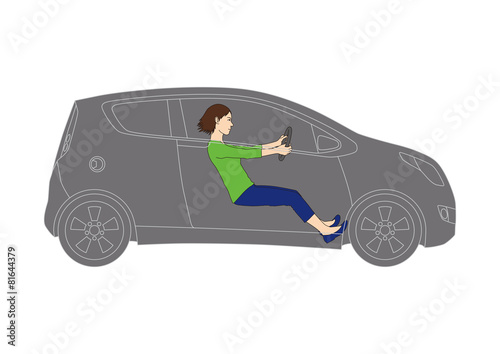 Generic vehicle and female driver, line drawing illustration