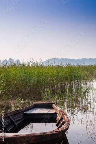 Old boat on the lake in the reeds