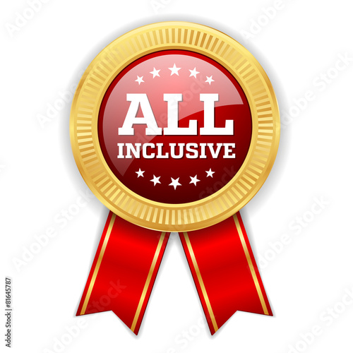 Gold all inclusive badge with red ribbon