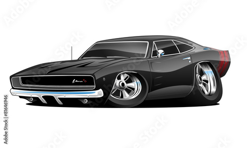 Poster American Muscle Car Cartoon isolierte Vektorgrafik, große Reifen und  Chromfelgen, glänzende schwarze Farbe, coole niedrige aggressive Haltung -  Nikkel-Art.de