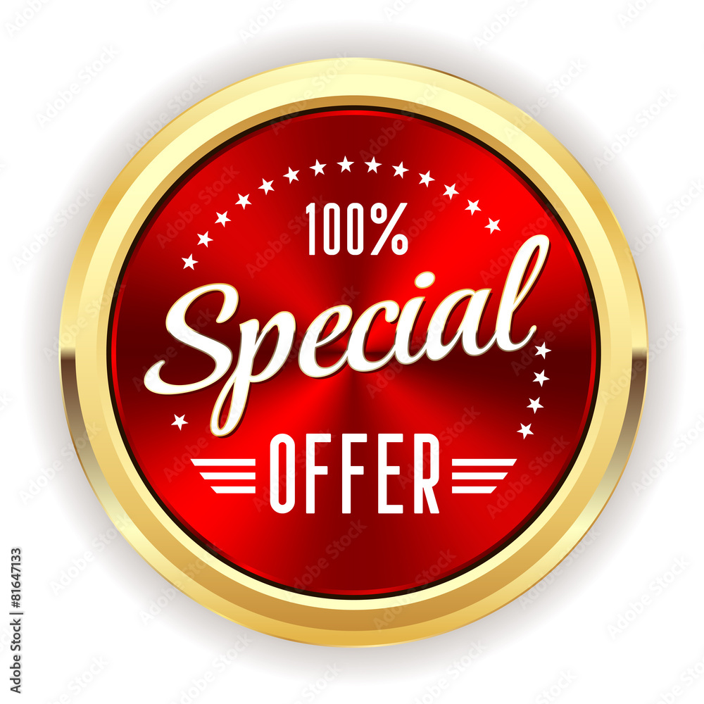 Red special offer badge with gold border