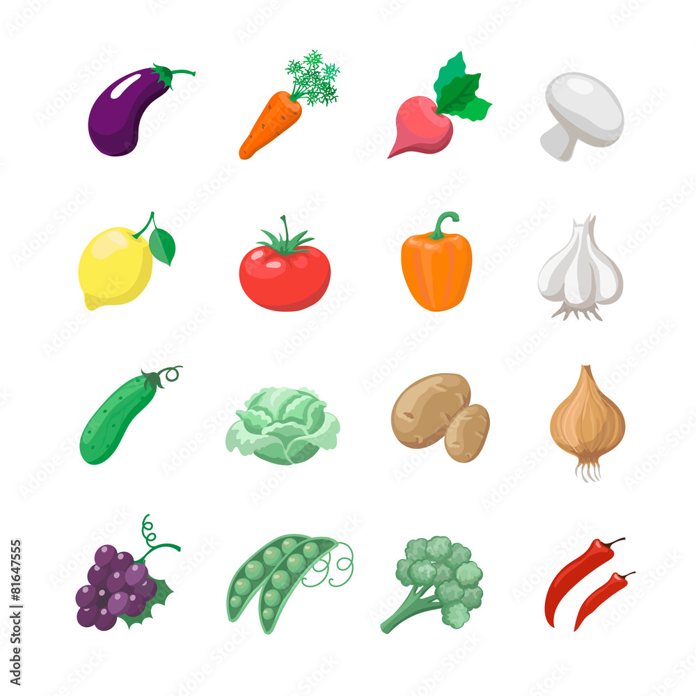 Vegetables icons flat set with potatoes broccoli celery cabbage Vegetables icons flat set with potatoes broccoli celery cabbage