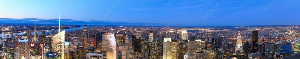 Aerial view of New York skyscrapers at night
