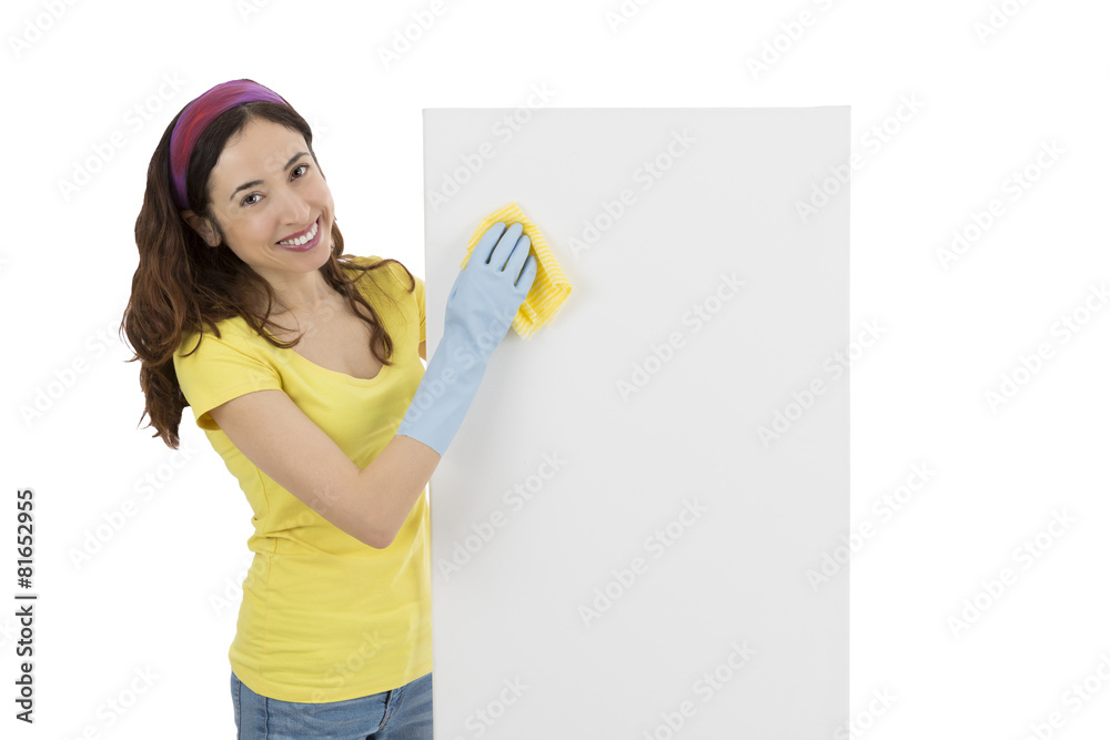 Spring cleaning woman wiping a blank advertising board Spring cleaning woman wiping a blank advertising board