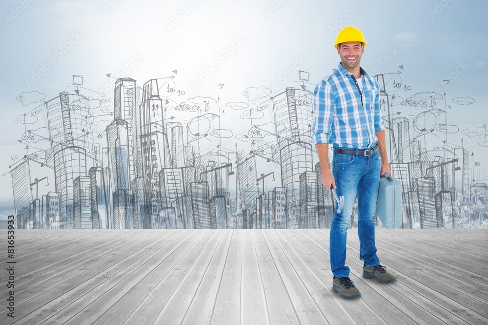 Composite image of manual worker with hammer and toolbox Composite image of manual worker with hammer and toolbox