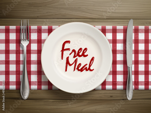 free meal written by ketchup on a plate