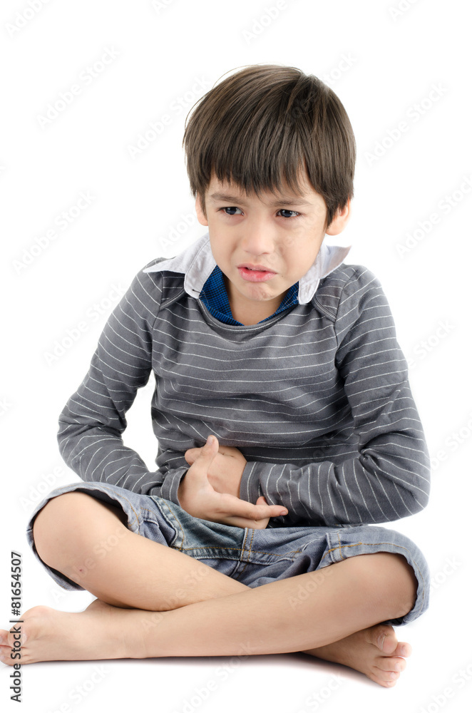 Little boy has stomach ache on white background Little boy has stomach ache on white background