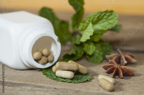 Organic Herb capsule medicine with mint leaves