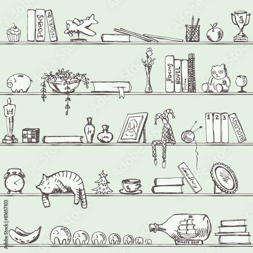 Endless Shelf with Books and Other Stuff