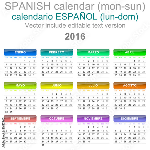 2016 Calendar Spanish Language Version Mon - Sun