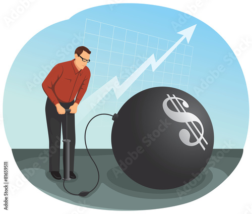 Businessman is inflating a big bubble with the money symbol