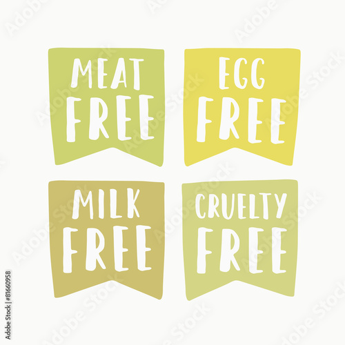 Meat, egg, milk, cruelty free labels.