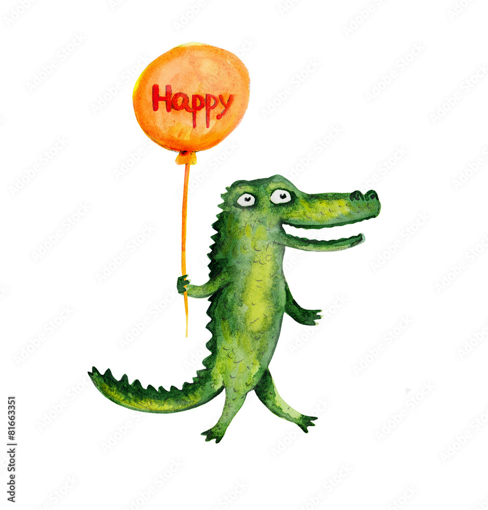 Fototapeta premium Crocodile with balloon. Happpy. Watercolor illustration