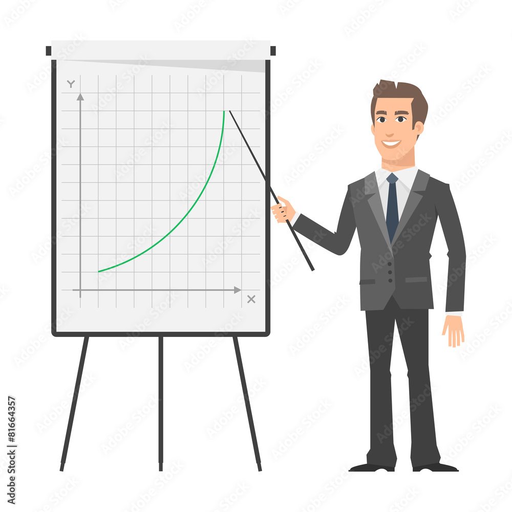 Businessman indicates on flip chart and smiling Businessman indicates on flip chart and smiling