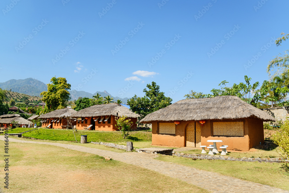 Chinese houses made of clay in hill at Santichon village , Pai c Chinese houses made of clay in hill at Santichon village , Pai c