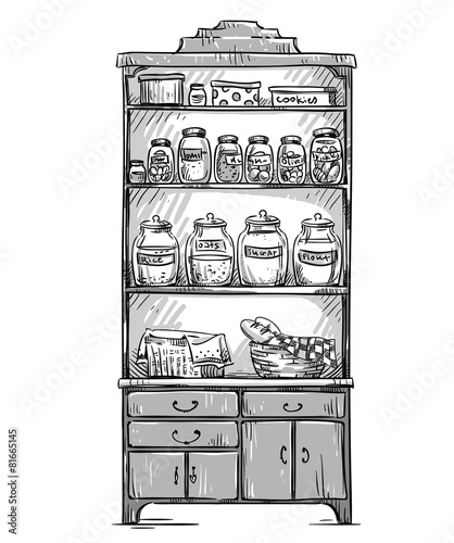 Kitchen cupboard, kitchen shelves, hand drawn