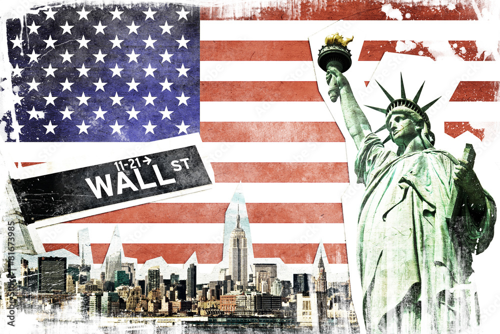 New York City vintage collage, US flag background - obrazy, fototapety, plakaty 