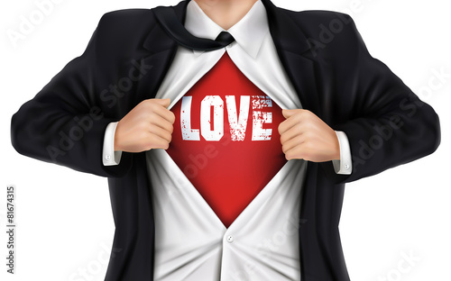 businessman showing Love word underneath his shirt