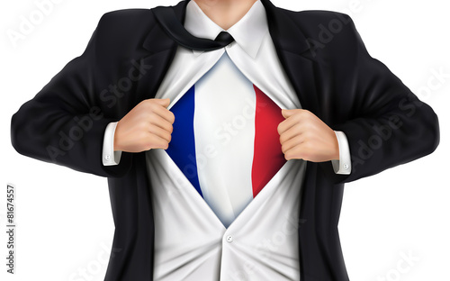 businessman showing France flag underneath his shirt