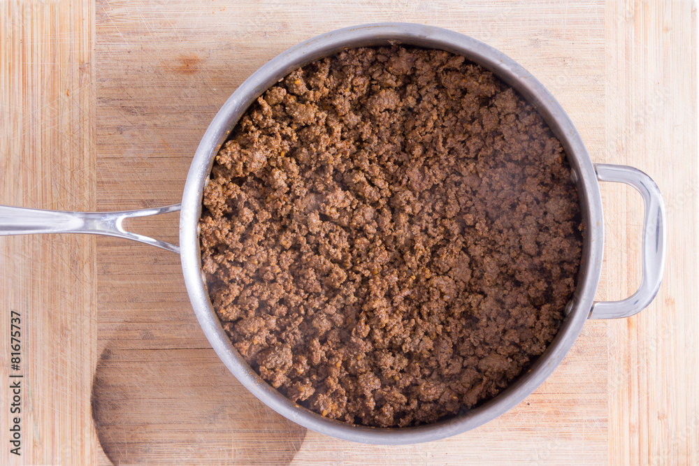 Big Pan with Smoking Hot Ground Beef on Board Big Pan with Smoking Hot Ground Beef on Board