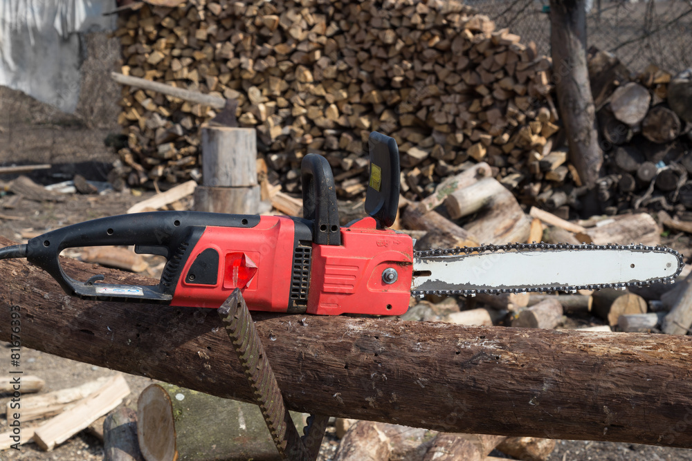 Carpenter tools Timber cutting wood with old saw, chainsaw and b