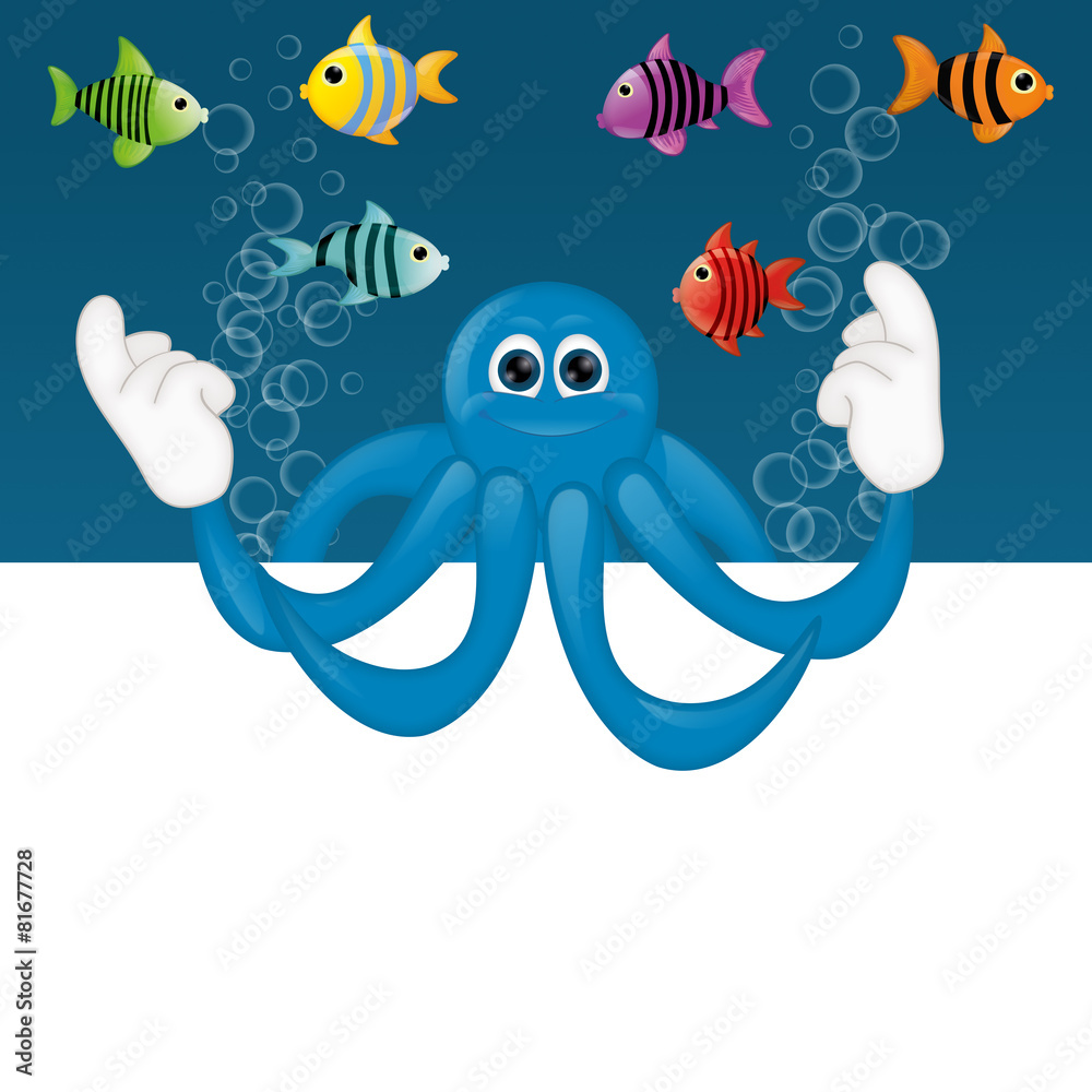 Obraz premium Funny octopus cartoon illustration under water fish fishes squid