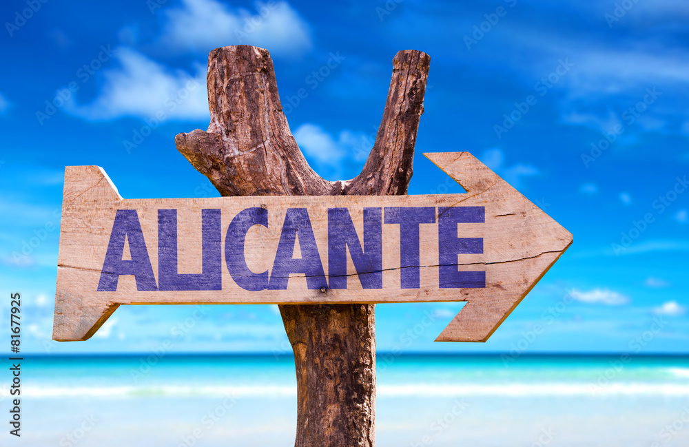 Alicante wooden sign with beach background