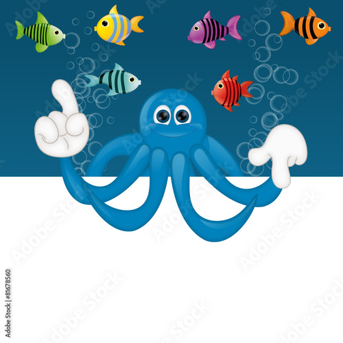 Funny octopus cartoon illustration under water fish fishes squid