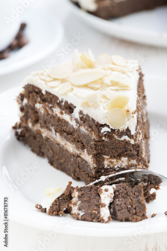piece of delicious chocolate cake with cream, close-up