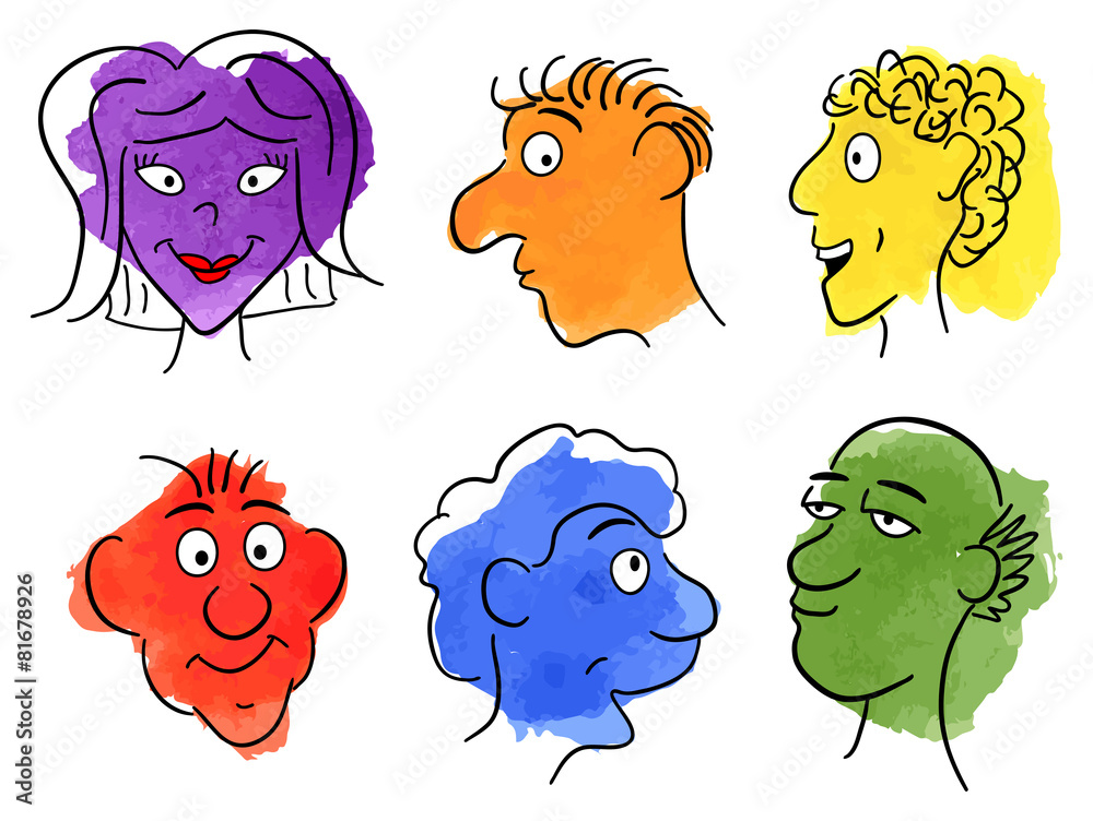 gezeichnete Gesichter auf Aquarell Flecken