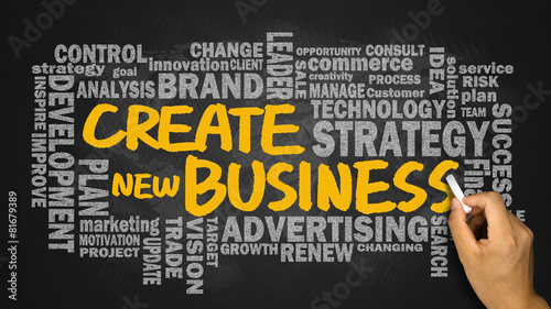 create new business with related word cloud handwritten on black