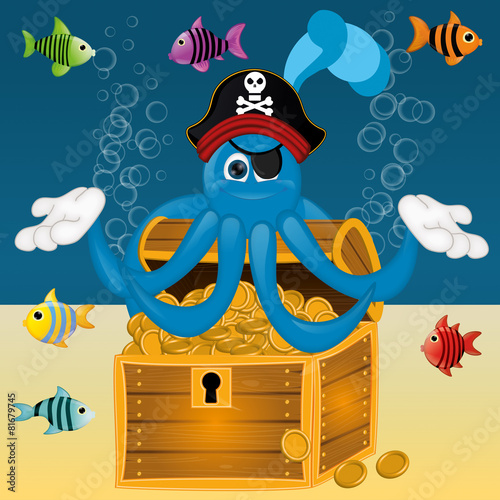 Funny pirate octopus squid with treasure under water