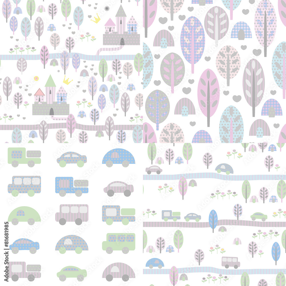 4 cute seamless pattern with trees, castles and toy cars 4 cute seamless pattern with trees, castles and toy cars
