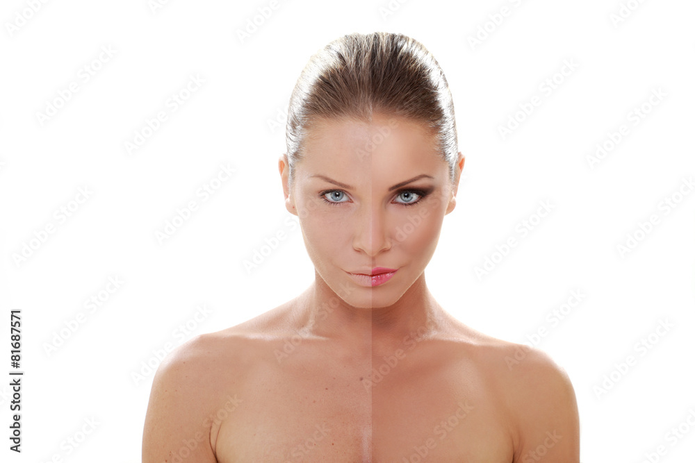 Beautiful woman with blue eyes, Before and after make-up Beautiful woman with blue eyes, Before and after make-up