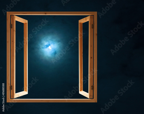 window open dark night half moon light view
