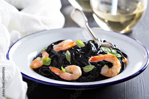 Squid ink homemade pasta with shrimp