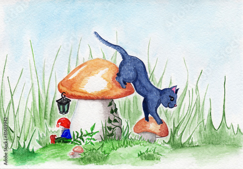 Magic glade with cat, dwarf and mushroom