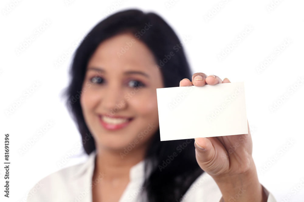 Smiling business woman showing blank business card Smiling business woman showing blank business card