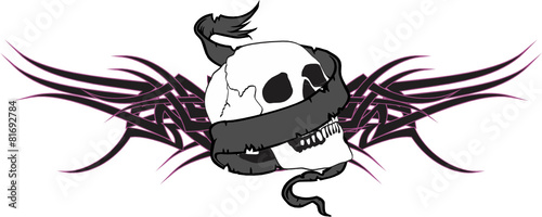 tribal winged skull head ribbon tattoo t-shirt in vector format