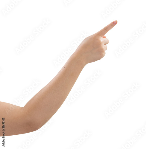 Women hand pointing isolated on white background