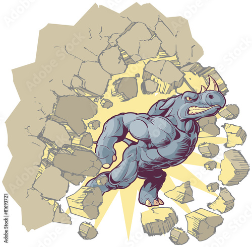 Vector Mascot Cartoon Rhino Crashing through a wall