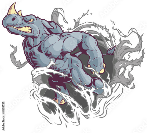 Cartoon Mascot Rhino Ripping Through Background Left