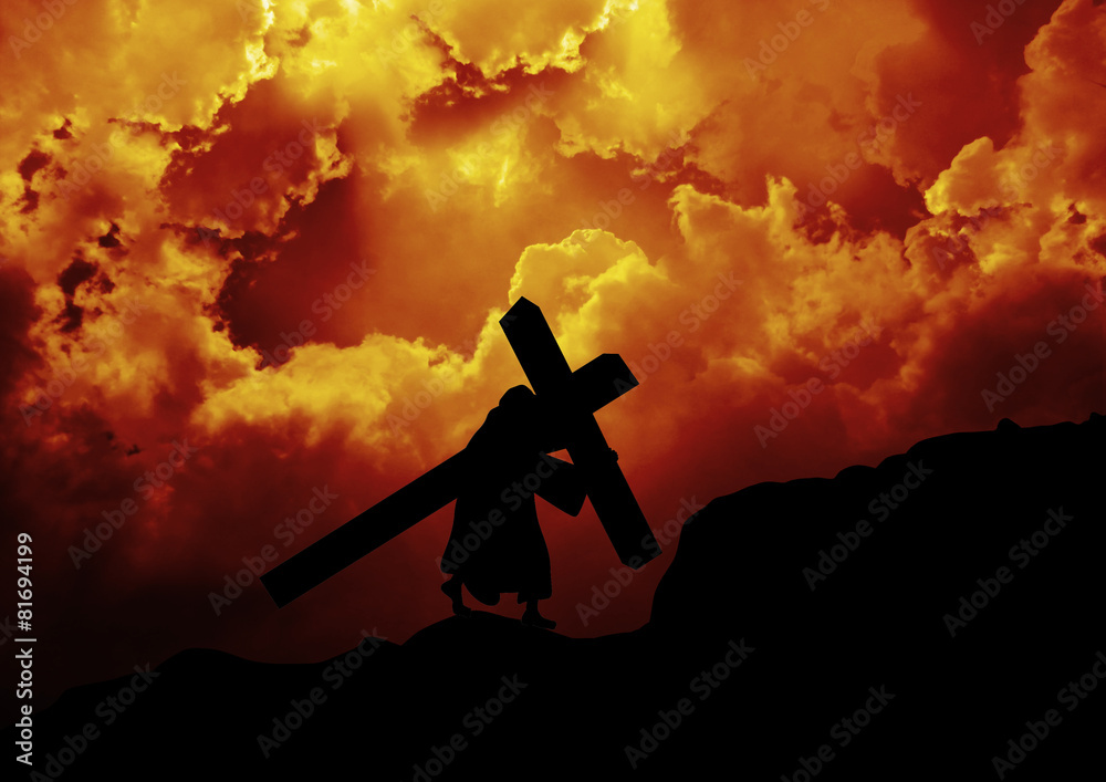 Jesus Christ carrying the cross up Calvary - obrazy, fototapety, plakaty 