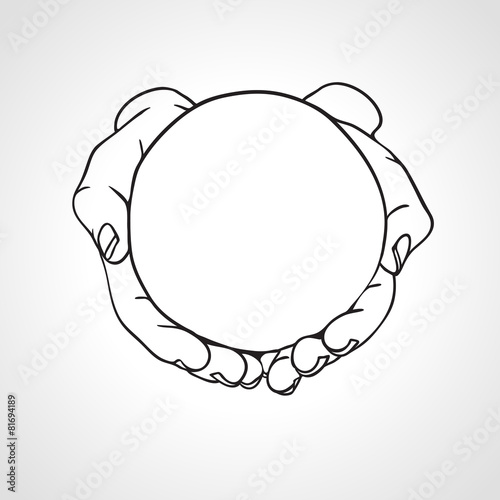 Closeup of cupped hands holding a round object. Hand drawn