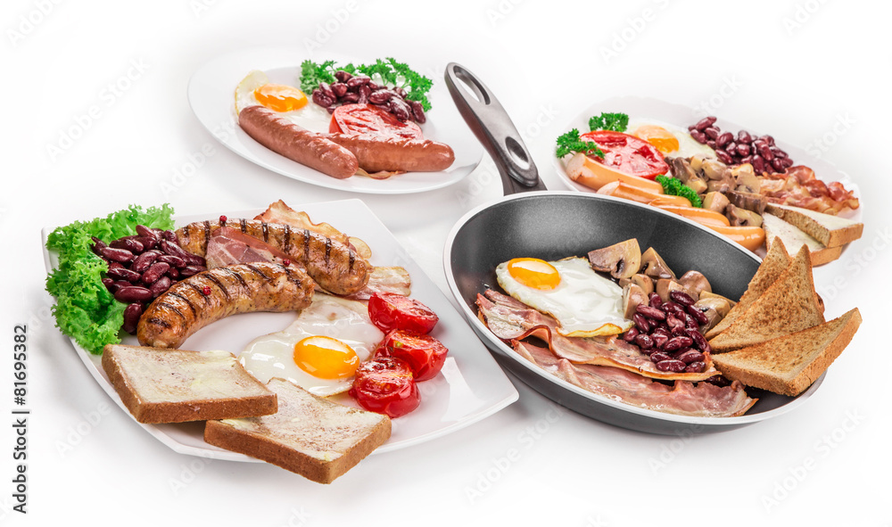 Fried egg with bacon in a frying pan.