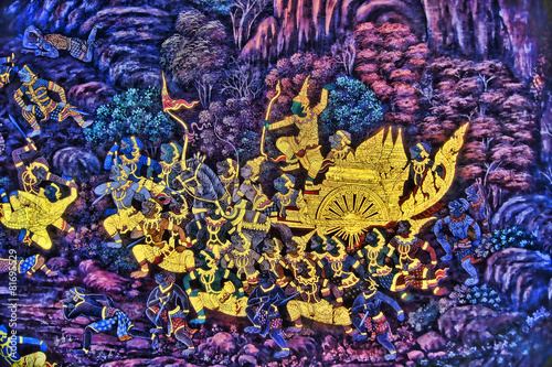 Quadro su tela Masterpiece Ramayana painting in temple of emerald Buddha