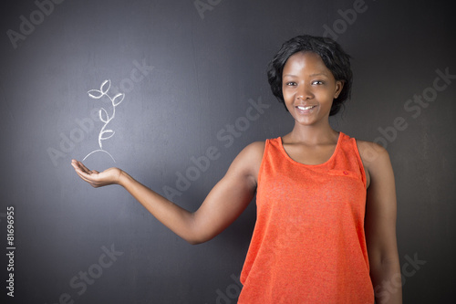 African American woman teacher chalk growng plant photo